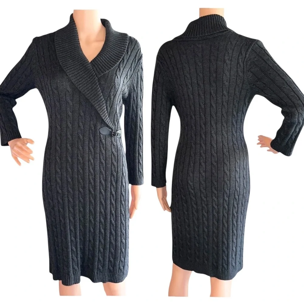Calvin Klein ~ Women’s Grey Cable Knit LS Sweater Dress ~ Size M - Picture 1 of 10